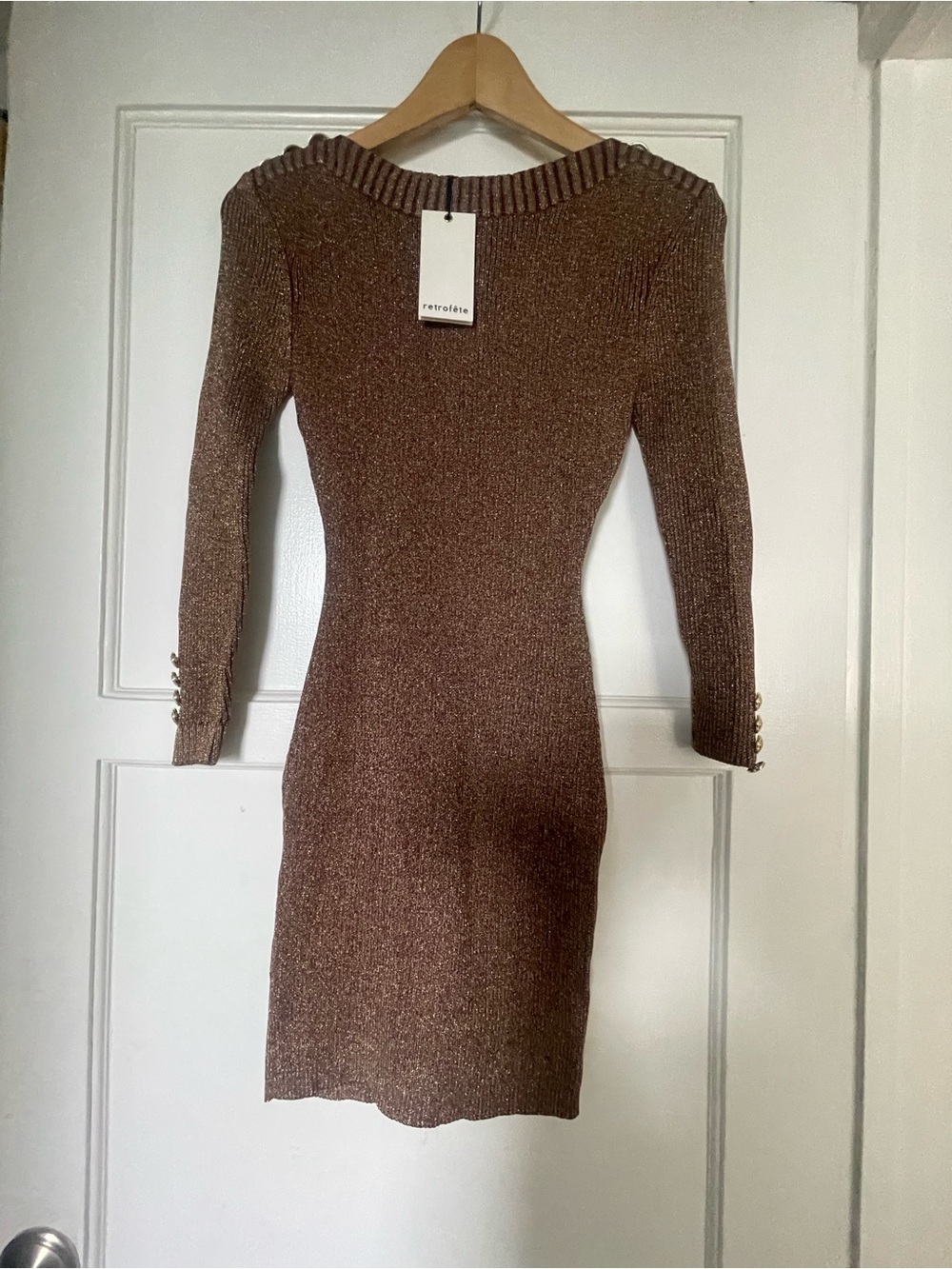 Retrofete Metallic Brown Ribbed Long-Sleeve Bodycon Dress